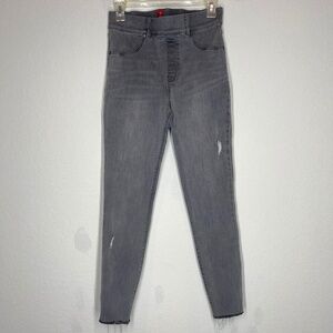 Spanx Pull On Jeans Women's M Gray Ankle Skinny High Rise Distressed Raw Hem